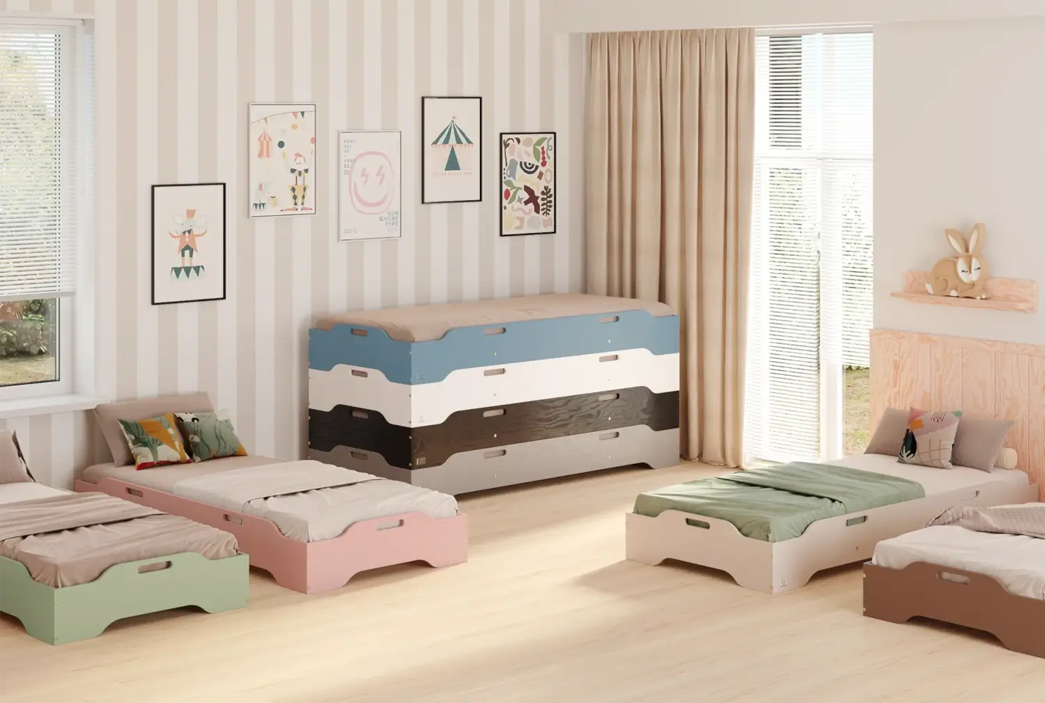 Łóżko pojedyncze dla dzieci podłogowe ze stelażem TILA 8 Montessori Drewniane